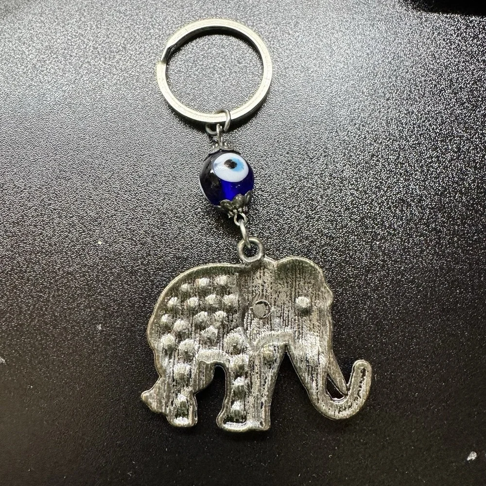 Elephant Keychain Blue Rhinestone Evil Eye Charm Silver Tone Good‎ Luck